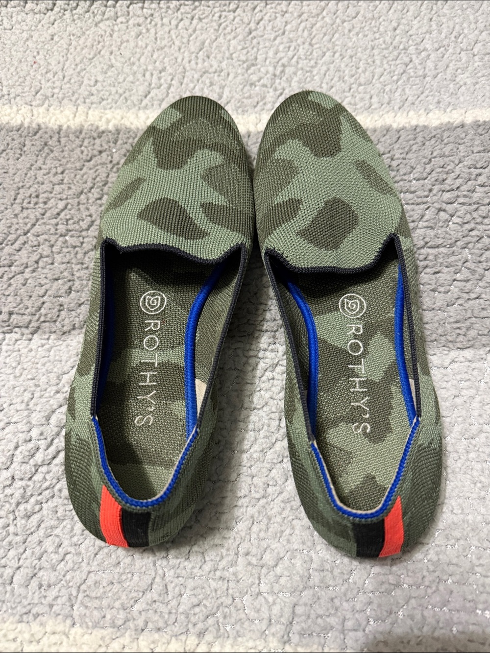 Rothy's Green Camo Slip-On Loafers with Blue Trim and Orange Heel Stripe